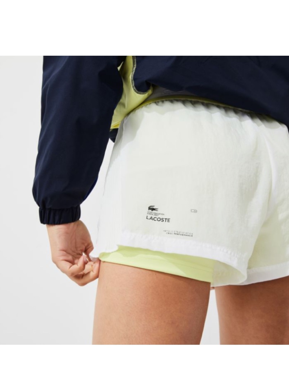 Lacoste Women's White Layered Athletic Shorts with Lime Underlayer